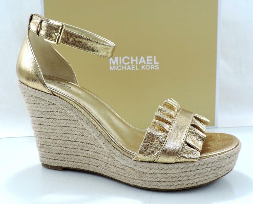 Michael Kors Bella Wedge Espadrille Sandals Metallic Leather Pale Gold Size 9.5